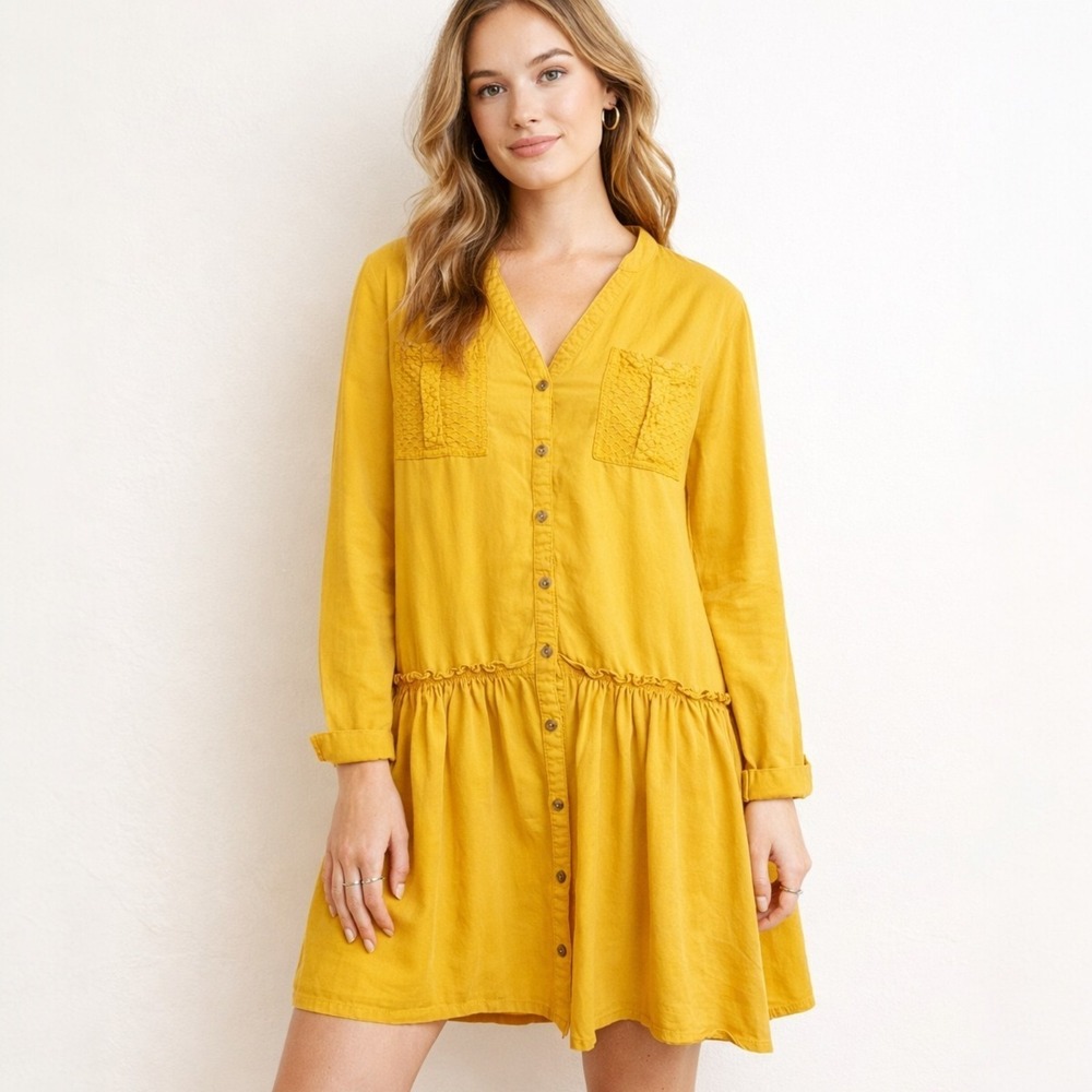 Anthropologie‎ Maeve Marlie Long Sleeve Button Front Tunic Dress Sz 8 Mustard